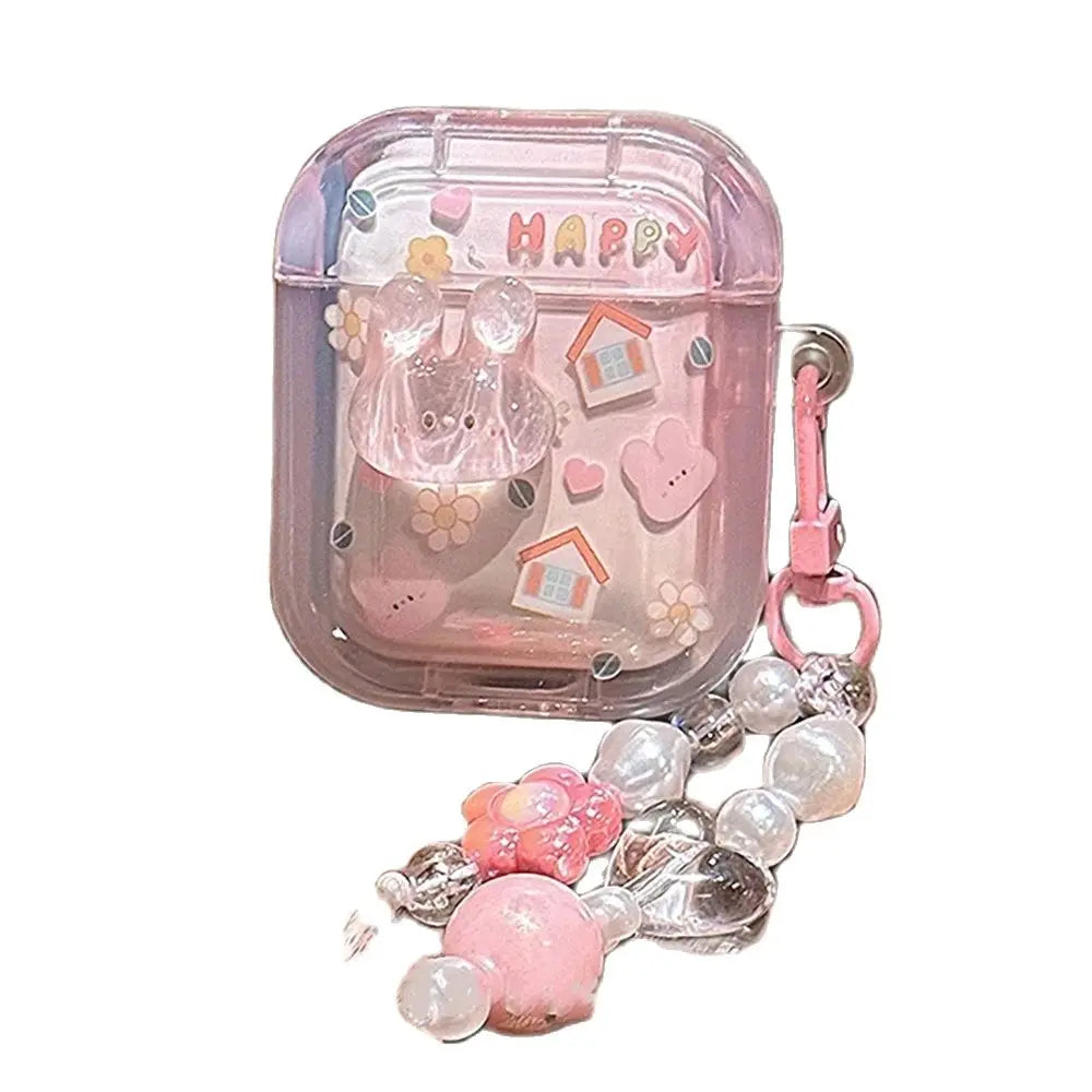 Cute 3D Rabbit Case with Heart Bead Pendant for AirPods 1 2 3 Pro 2 Soft Cover