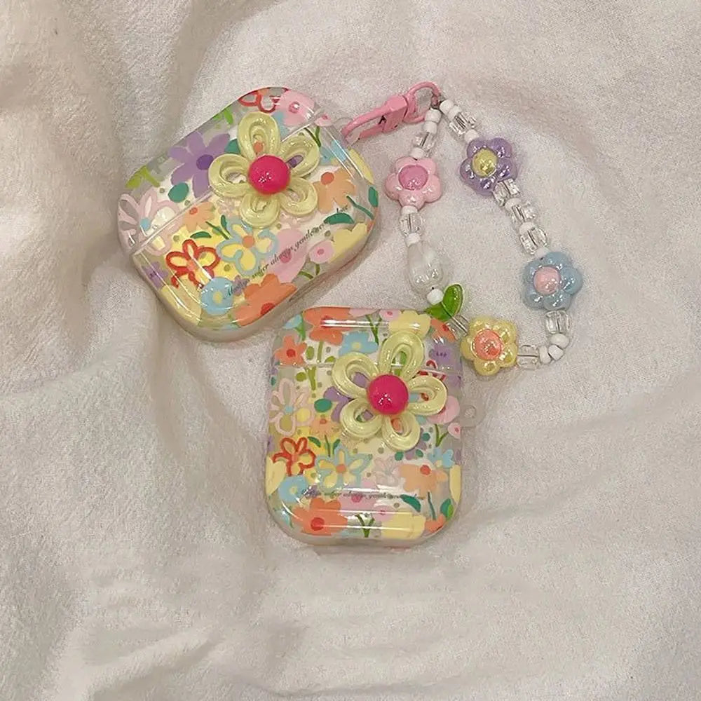 Flower TPU Earphone Case with Beaded Keychain | Shockproof for AirPods 1–4