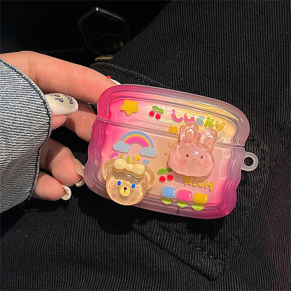 Korean 3D Rabbit Bear AirPods Case with Wavy Border & Beaded Pendant
