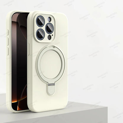 Magnetic Silicone Case with Kickstand Ring for iPhone 15 16 Pro Max Plus