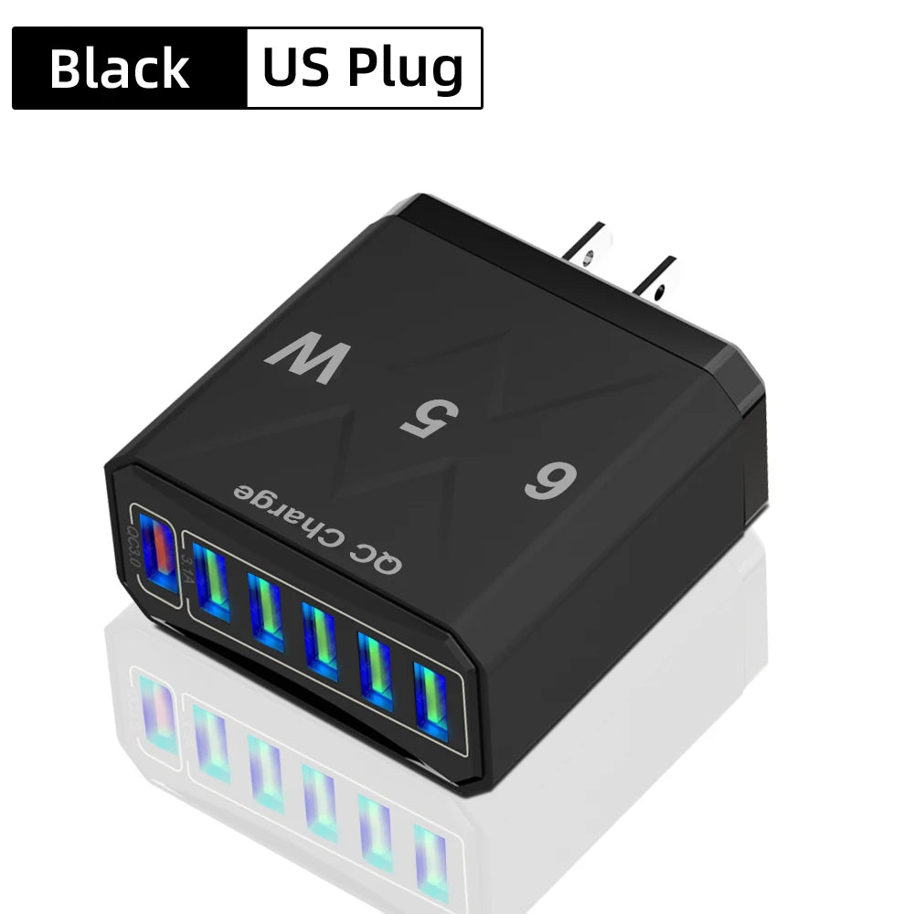 65W 6-Port USB Fast Charger QC3.0 Travel Adapter for iPhone Samsung Xiaomi