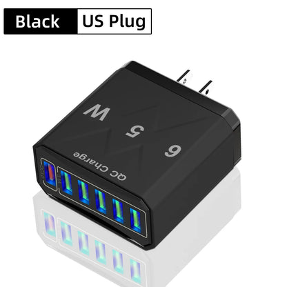 65W 6-Port USB Fast Charger QC3.0 Travel Adapter for iPhone Samsung Xiaomi