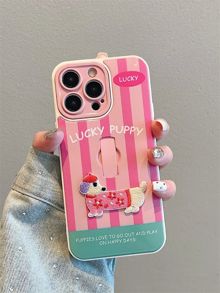 Cute Dachshund Ring Holder Case for iPhone 11–16 Pro Max – Stripe Design