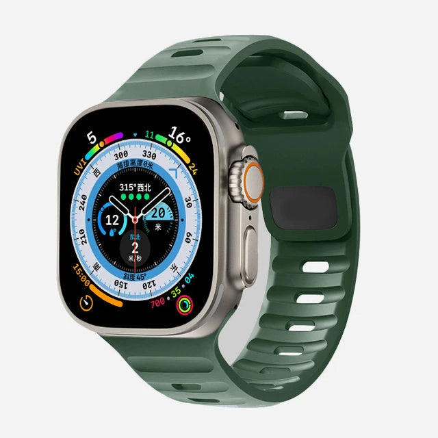 Durable and comfortable silicone strap compatible with Apple Watch Series 5–9 & Ultra.