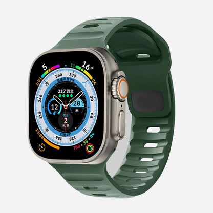 Durable and comfortable silicone strap compatible with Apple Watch Series 5–9 & Ultra.