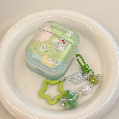 Cute Grass Dog & Cat Clear Case with Keychain for AirPods 1 2 3 4 Pro 2 Soft