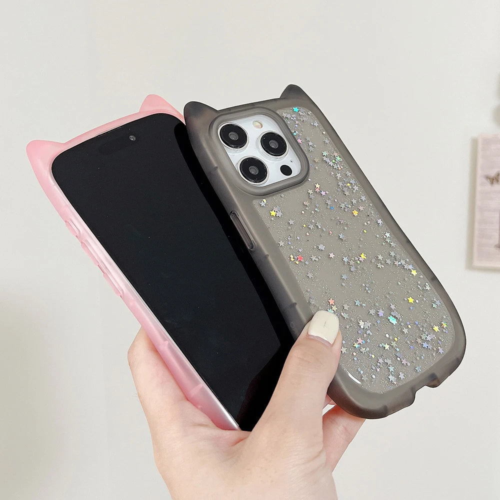 Cute Cat Ear Glitter Transparent Case for iPhone 16 15 14 13 12 11 Pro Max