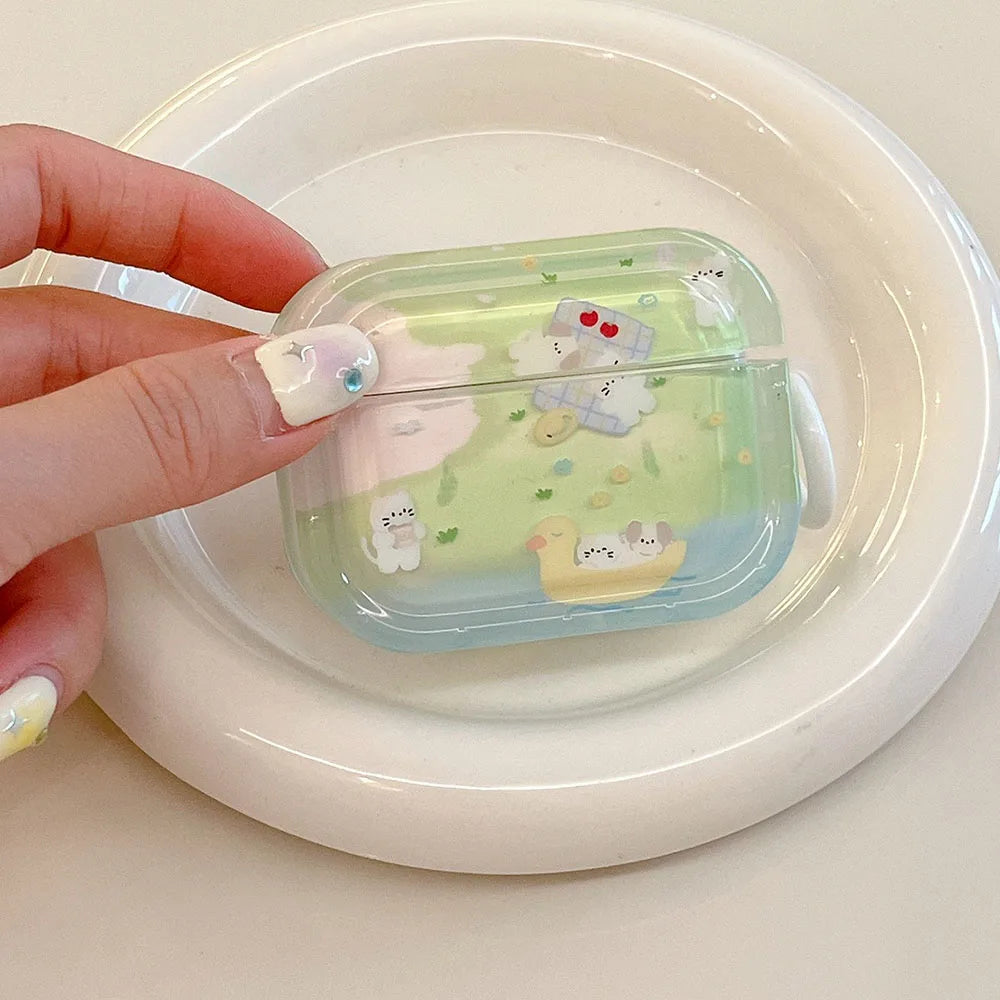 Cute Grass Dog & Cat Clear Case with Keychain for AirPods 1 2 3 4 Pro 2 Soft