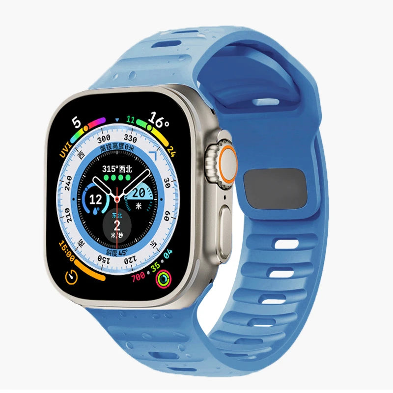 Durable and comfortable silicone strap compatible with Apple Watch Series 5–9 & Ultra.
