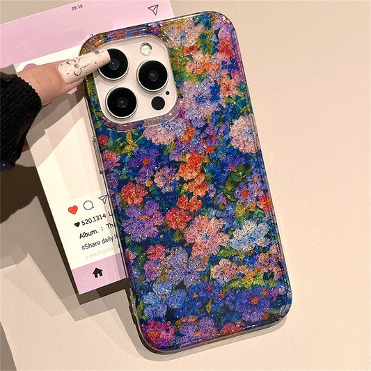 Retro Floral Oil Painting Phone Case for iPhone 16, 15, 14, 13 Pro Max, Sequins