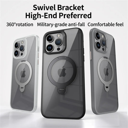 Clear Magnetic iPhone Case with Rotating Folding Stand – 12 to 16 Pro Max