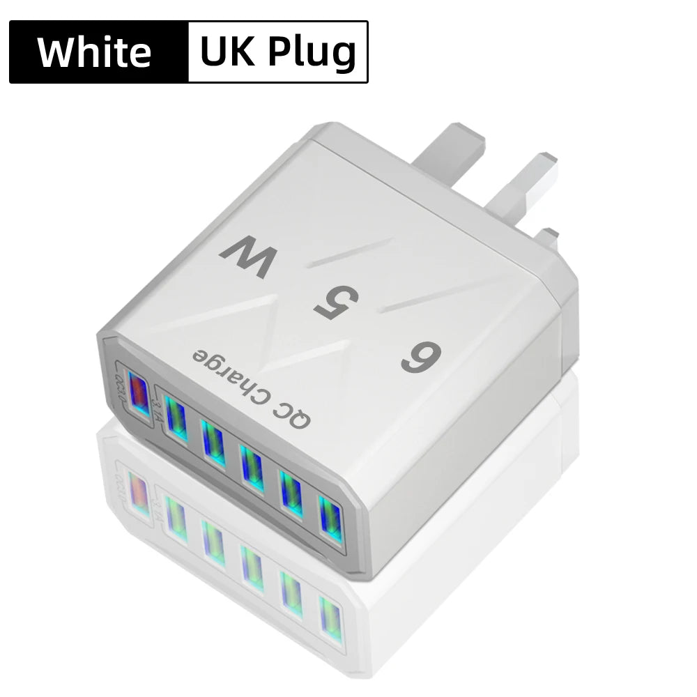 65W 6-Port USB Fast Charger QC3.0 Travel Adapter for iPhone Samsung Xiaomi