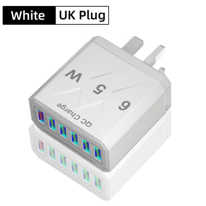 65W 6-Port USB Fast Charger QC3.0 Travel Adapter for iPhone Samsung Xiaomi
