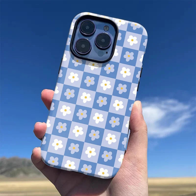Luxury Plaid Flower Case for iPhone 16–7 Pro Max Double-Layer Cover
