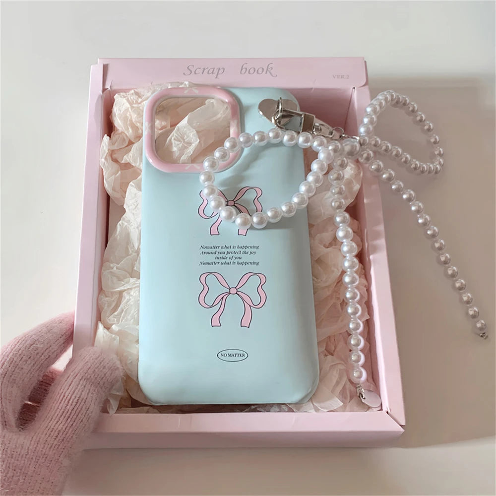 Korean Bow & Pearl Pendant Case for iPhone 11–15 Pro Max – Shockproof Cute