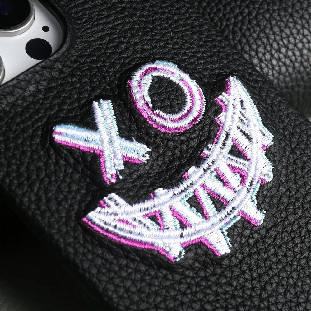 Stylish Embroidered Genuine Leather Case for iPhone 16 Pro Max to 11