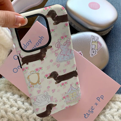 INS Floral Sausage Dog Case for iPhone 16 Pro Max 15 14 13 12 11 Pro Plus