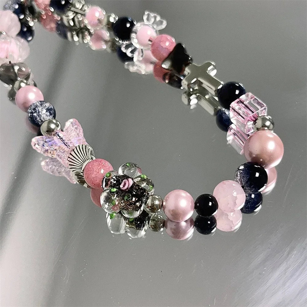 Y2K Pink Beaded Flower Butterfly Phone Charm Bracelet for iPhone