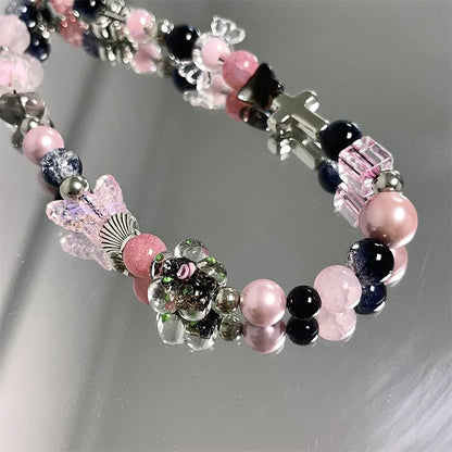 Y2K Pink Beaded Flower Butterfly Phone Charm Bracelet for iPhone