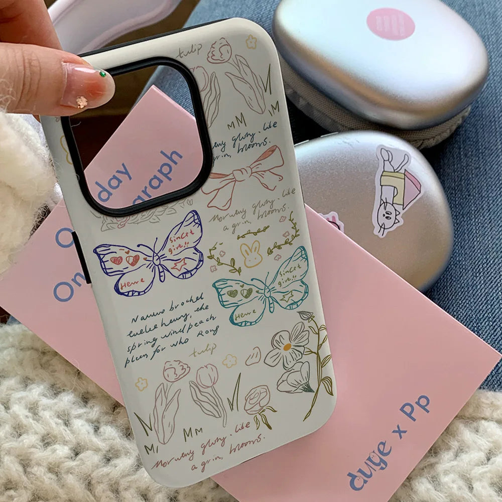 Hand Drawn Butterfly Sketch Shockproof Acrylic Case for iPhone 11–16 Pro Max