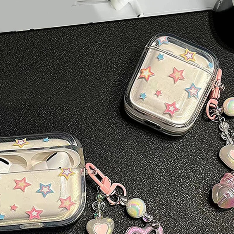 Color Stars Case for AirPods 4–1 & Pro 2 | Soft Cover with Heart Bead Pendant