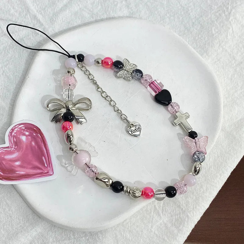 Y2K Pink Beaded Flower Butterfly Phone Charm Bracelet for iPhone