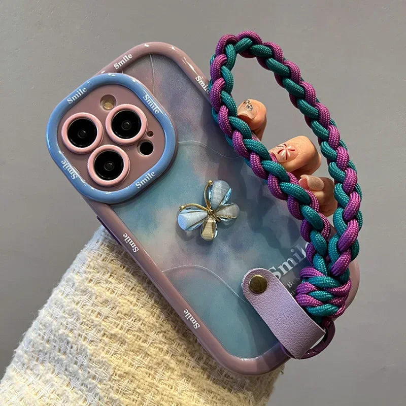 Wrist Chain Lanyard Phone Case for iPhone 16–11 Pro Max, 3D Bow Butterfly Design