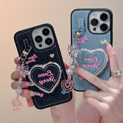 Denim Heart Pendant Case for iPhone 15 14 13 12 11 Pro Max Soft Bumper