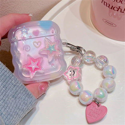 Korean 3D Pink Star Case with Heart Bead Pendant for AirPods 1 2 3 Pro 2 Soft