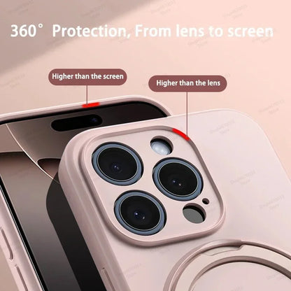 Magnetic Silicone Case with Kickstand Ring for iPhone 15 16 Pro Max Plus