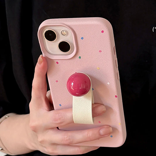 Korean 3D Colored Ball Ring Stand Leather Phone Case for iPhone 15–11 Pro Max