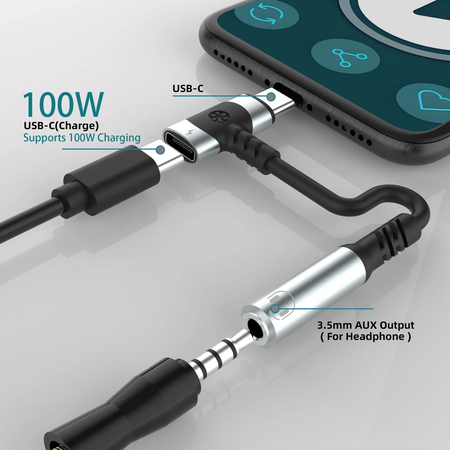 USB-C to 3.5mm Earphone & Charger Adapter – 2-in-1 Aux Jack with PD 100W