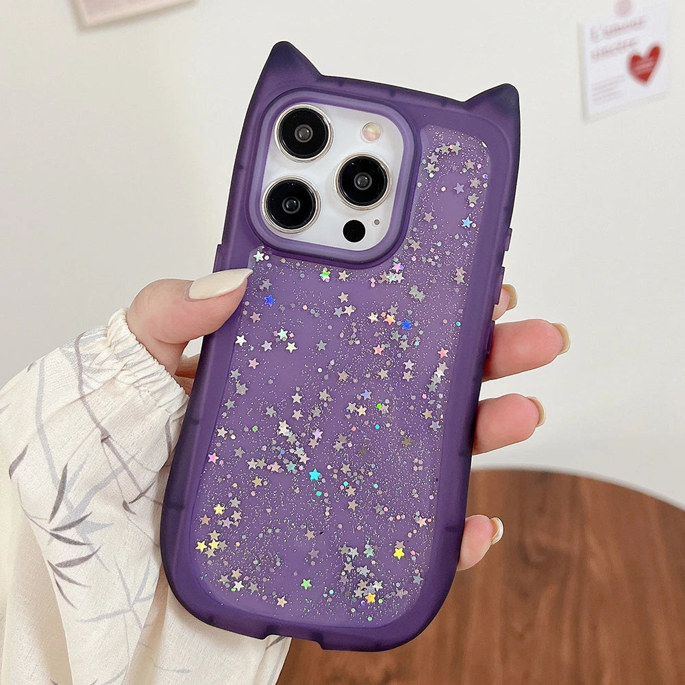 Cute Cat Ear Glitter Transparent Case for iPhone 16 15 14 13 12 11 Pro Max