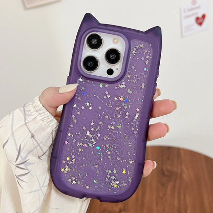 Cute Cat Ear Glitter Transparent Case for iPhone 16 15 14 13 12 11 Pro Max