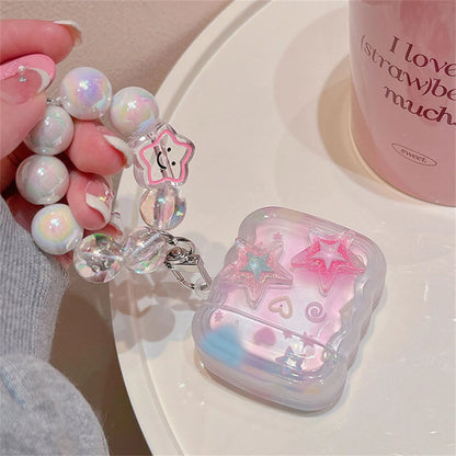 Korean 3D Pink Star Case with Heart Bead Pendant for AirPods 1 2 3 Pro 2 Soft