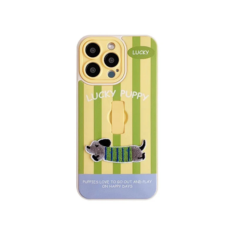 Cute Dachshund Ring Holder Case for iPhone 11–16 Pro Max – Stripe Design