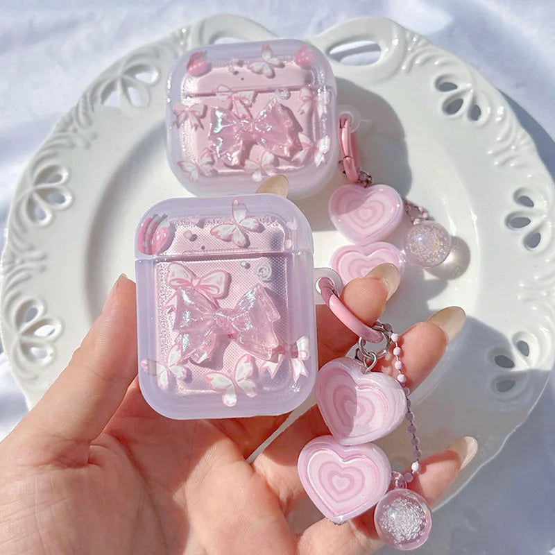 Crystal Butterfly Pink Case for AirPods 4 2 3 Pro 2 with Keyring Earphone Funda