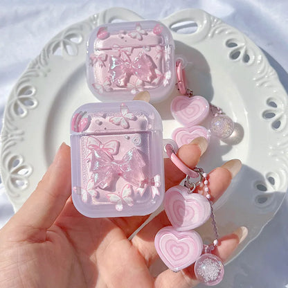 Crystal Butterfly Pink Case for AirPods 4 2 3 Pro 2 with Keyring Earphone Funda