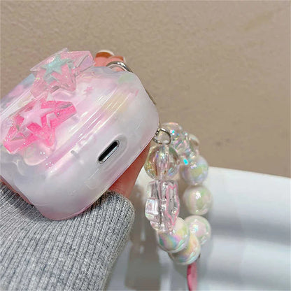 Korean 3D Pink Star Case with Heart Bead Pendant for AirPods 1 2 3 Pro 2 Soft