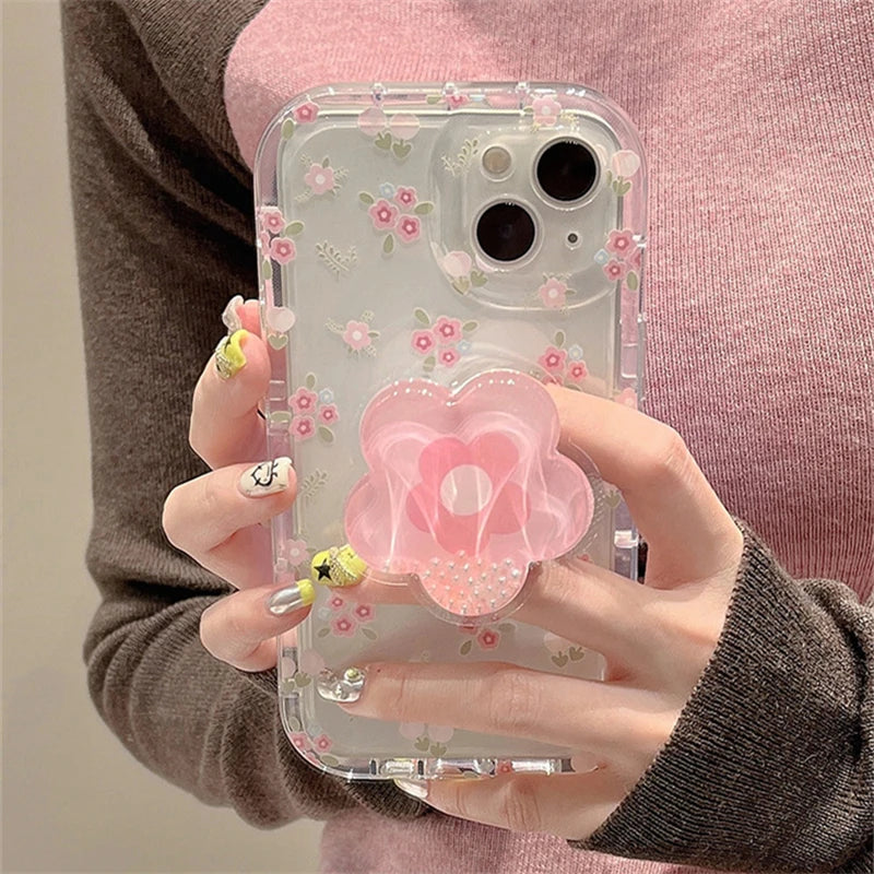 Quicksand Pink Flower Stand Case for iPhone 16 15 14 13 12 11 Pro Max