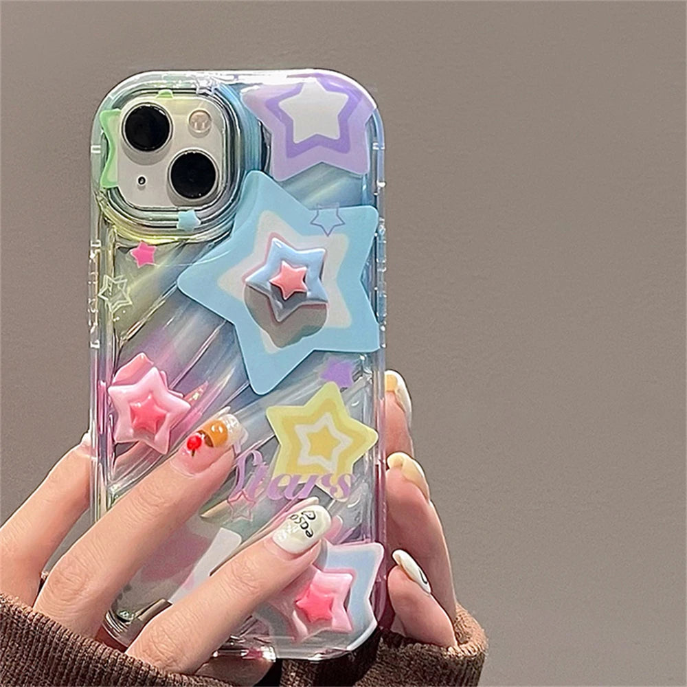 Korean Y2K 3D Star Clear Phone Case for iPhone 7–15 Pro Max – Soft & Cute