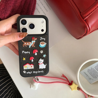 Cute Denim Embroidered Dachshund Phone Case with Lanyard for iPhone 17–14