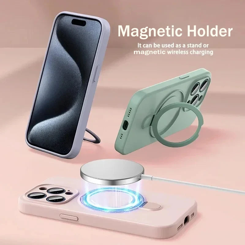 Liquid Silicone Magnetic Ring Holder Case for iPhone 15–16 Pro Max/Plus