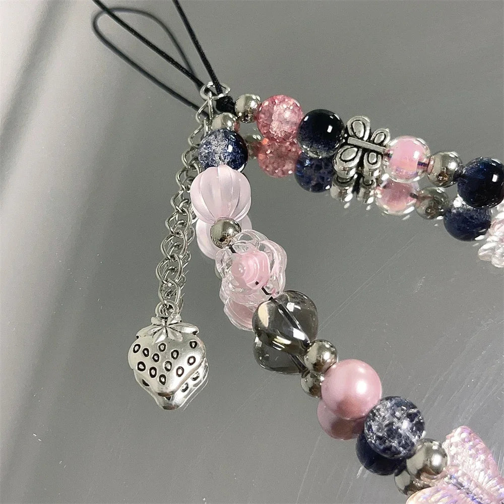 Y2K Pink Beaded Flower Butterfly Phone Charm Bracelet for iPhone