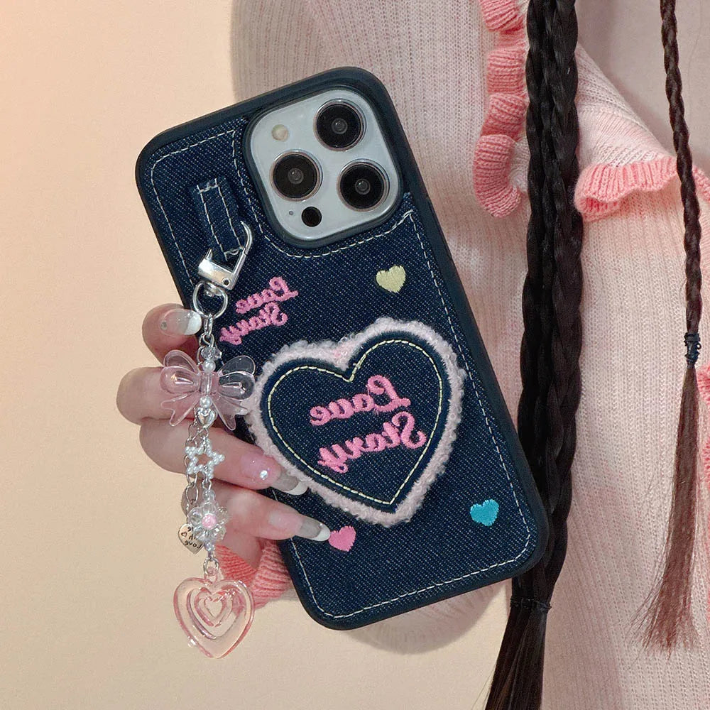 Denim Heart Pendant Case for iPhone 15 14 13 12 11 Pro Max Soft Bumper
