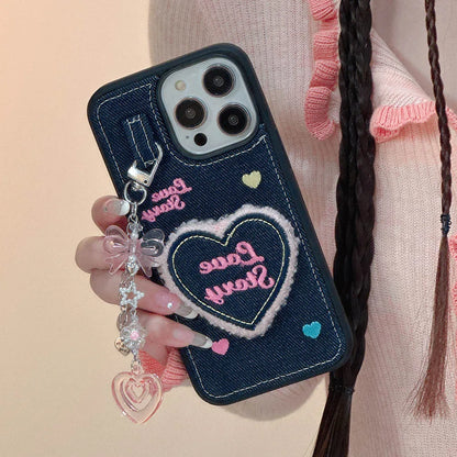 Denim Heart Pendant Case for iPhone 15 14 13 12 11 Pro Max Soft Bumper