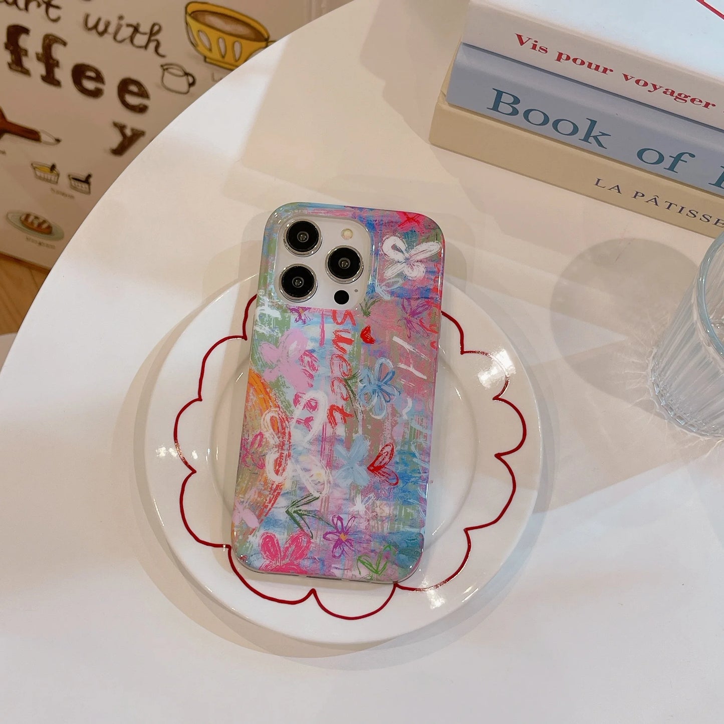 Korean Graffiti Flower Double-Layer Case for iPhone 16 15 14 13 12 Pro Max