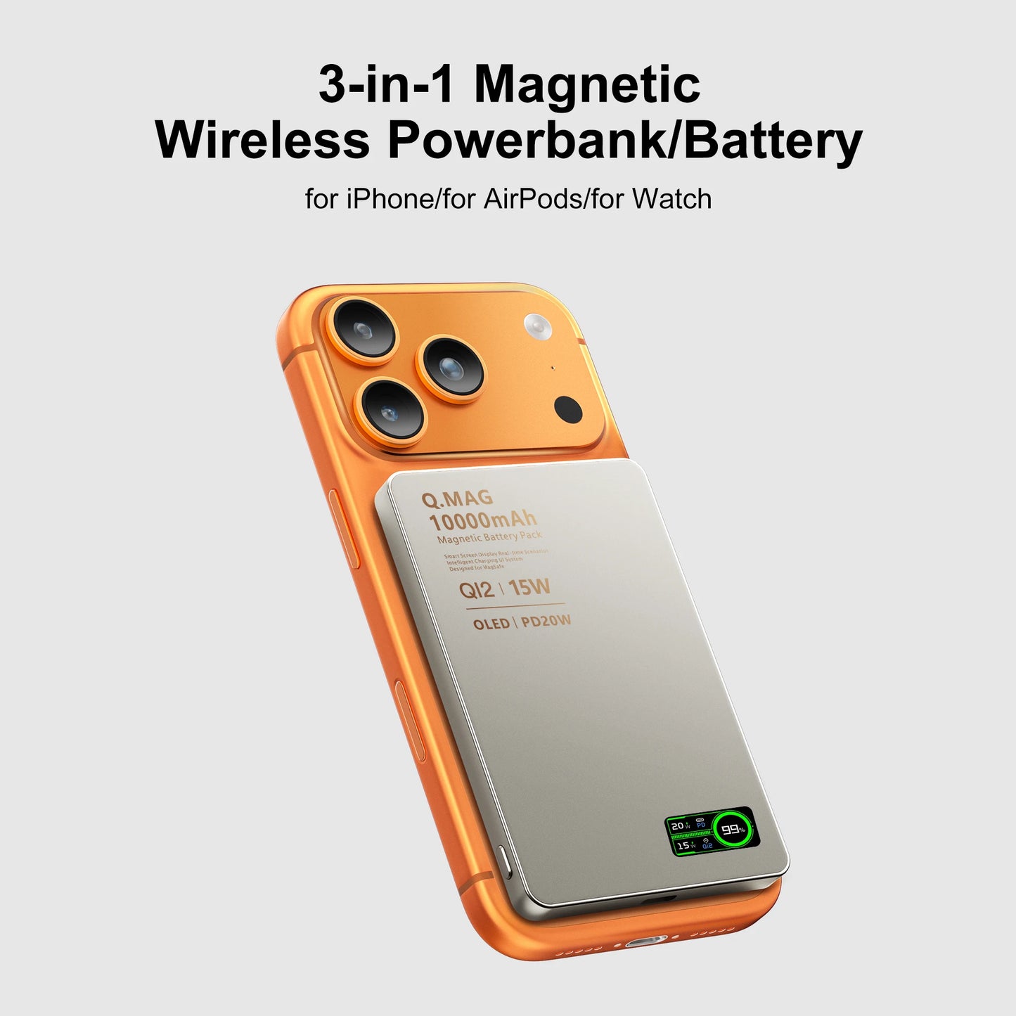 3-in-1 Magnetic Power Bank 15W Wireless Fast Charger for iPhone 12–17 Pro