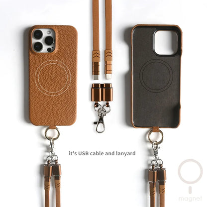 Leather MagSafe Case with USB Charging Lanyard for iPhone 16 Pro Max 15 14