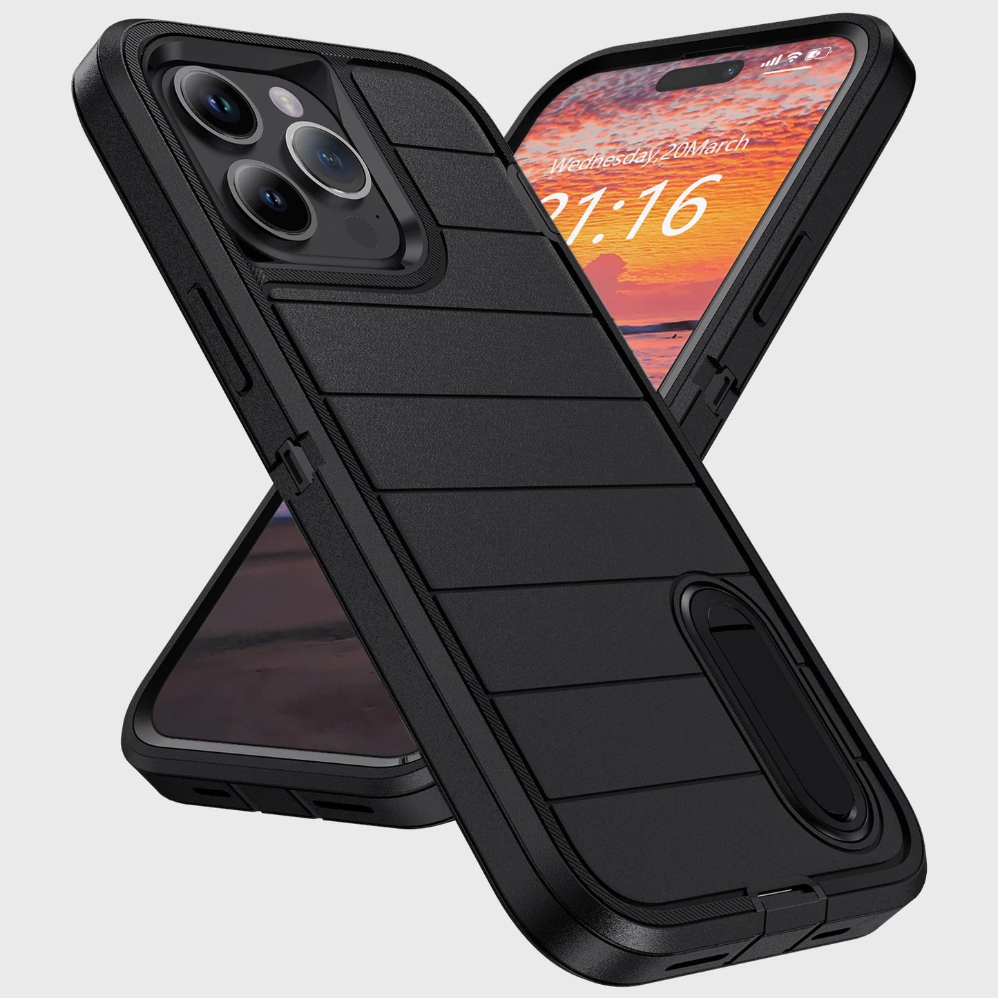 Heavy Duty 3-Layer Kickstand Case for iPhone 14/14 Plus/14 Pro/14 Pro Max – Black